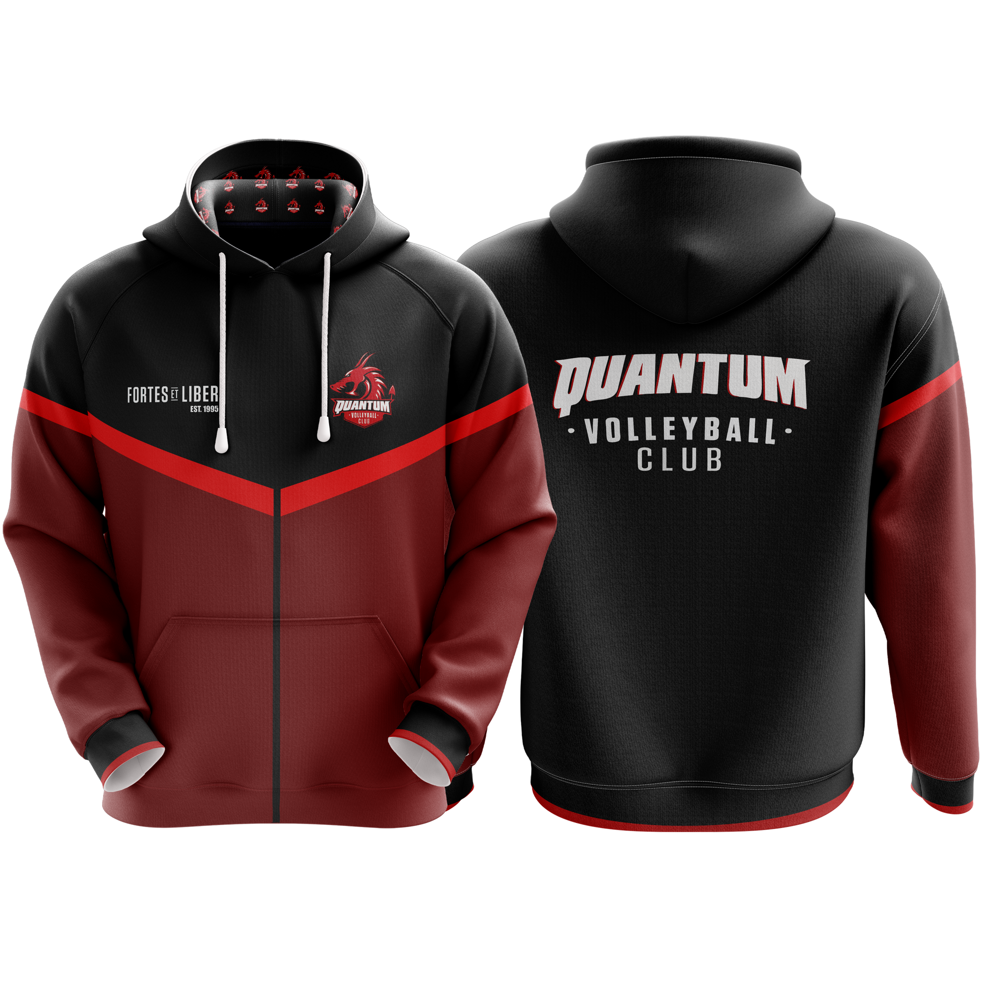 Black and red hoodie with 'Quantum Volleyball Club' text on a white background