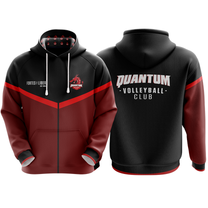Black and red hoodie with 'Quantum Volleyball Club' text on a white background