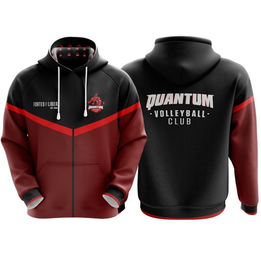 Black and red hoodie with 'Quantum Volleyball Club' text on a white background